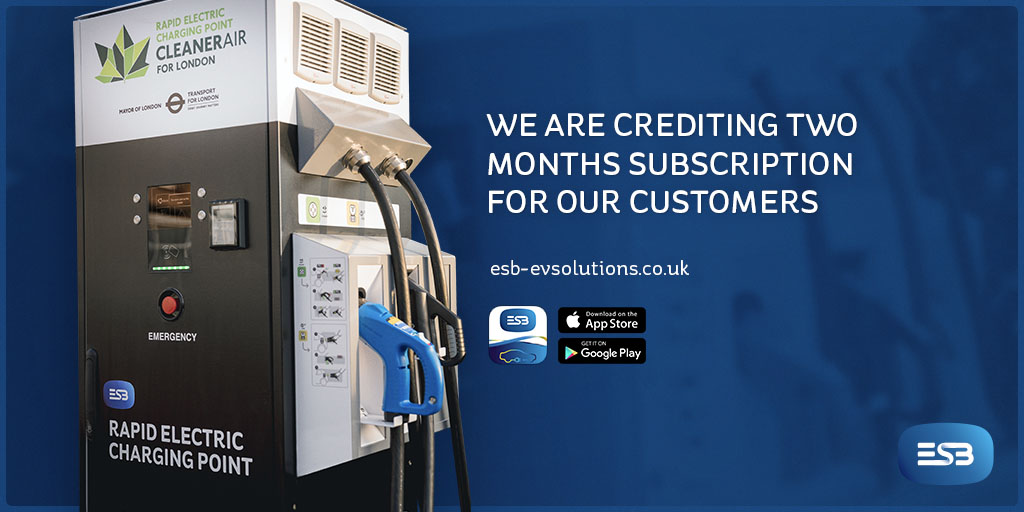 ESB Energy rapid charging point and notice of two month subscription credit